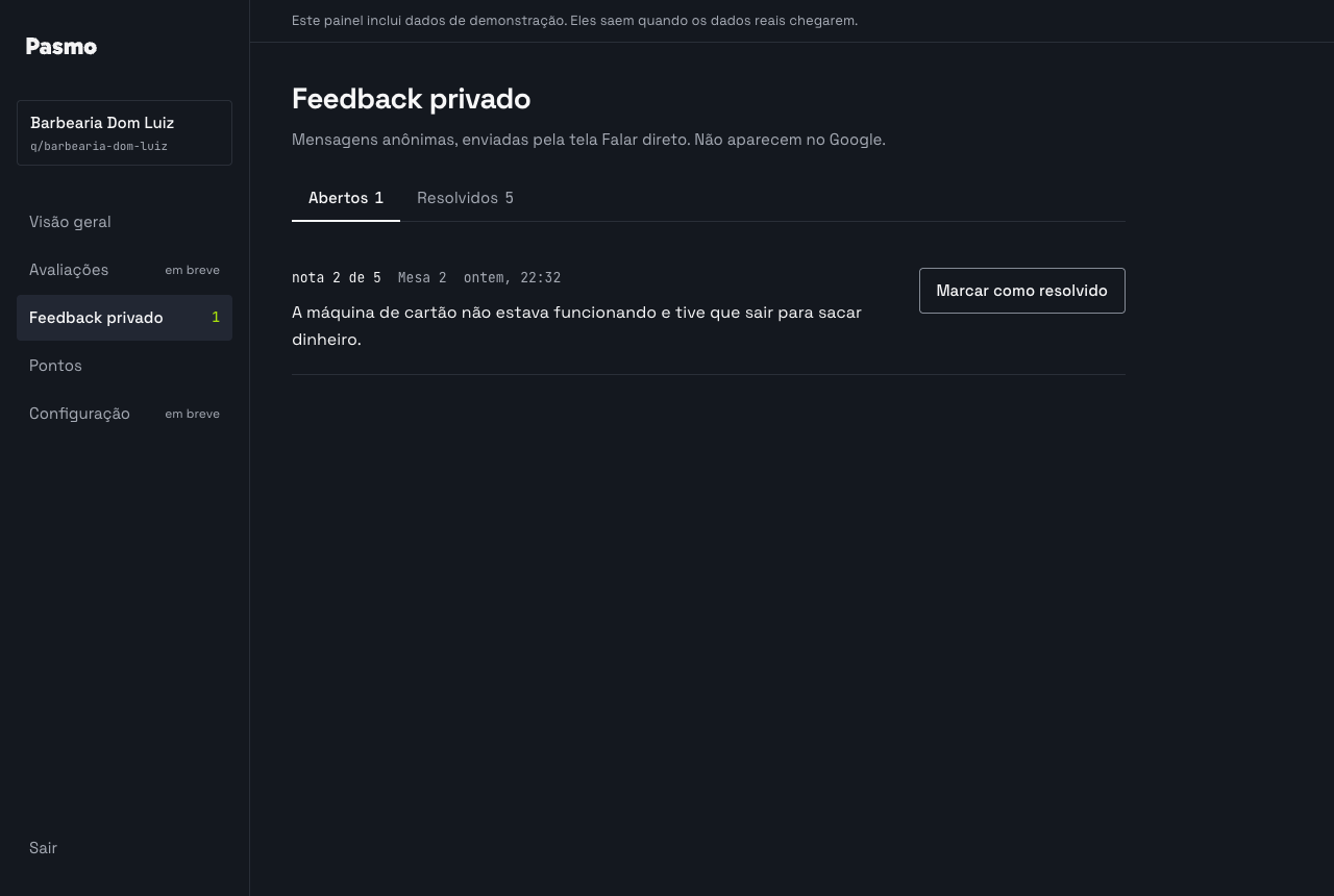 Painel da Pasmo, tela Feedback privado, com mensagens anônimas de clientes e o botão Marcar como resolvido.